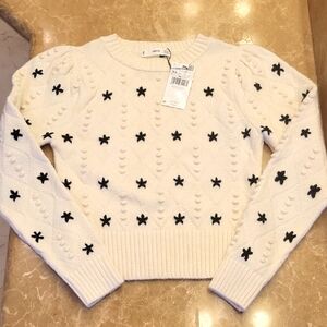 Mango Black and Ivory Crew Neck Sweater with Star Pattern,  XS